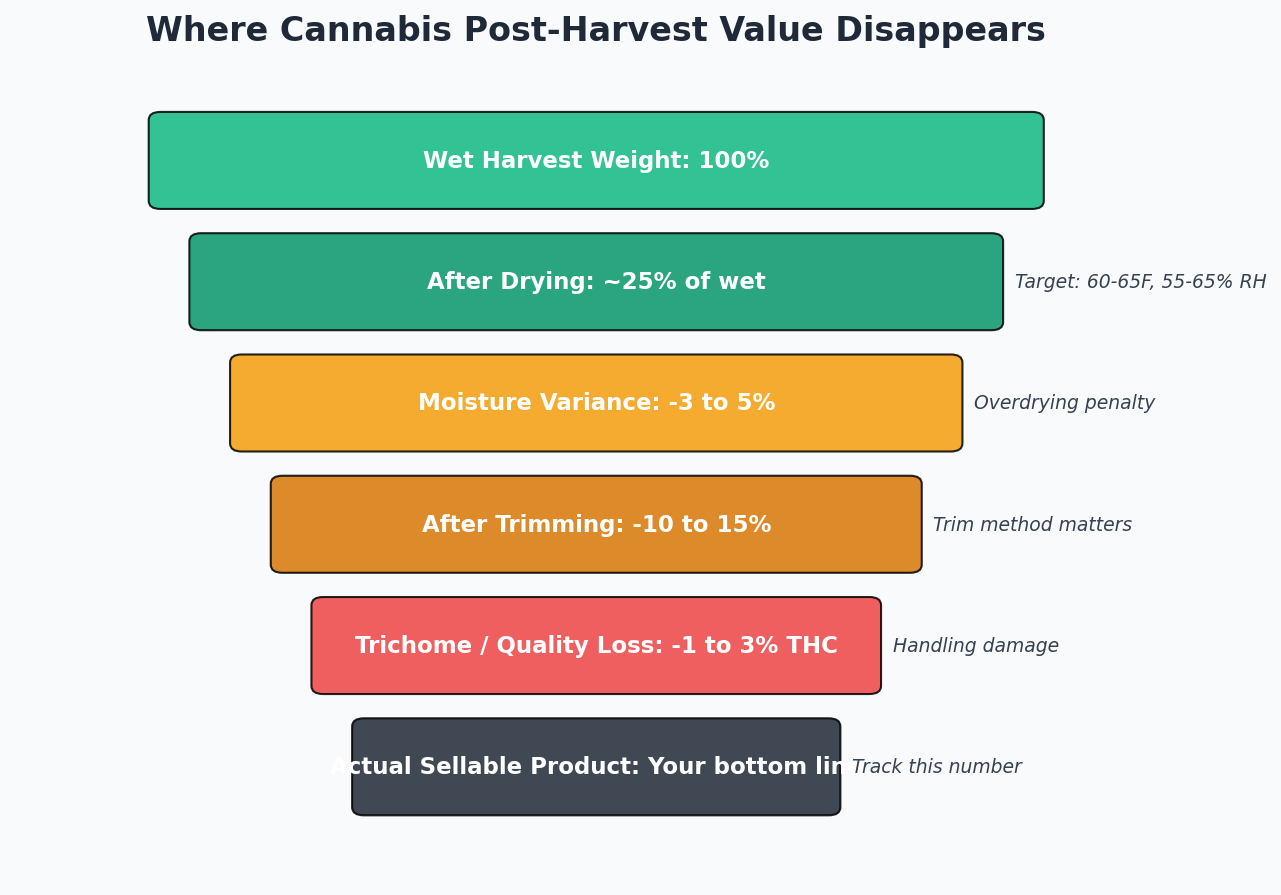 Post-harvest value loss funnel showing where cannabis quality erodes from harvest through packaging