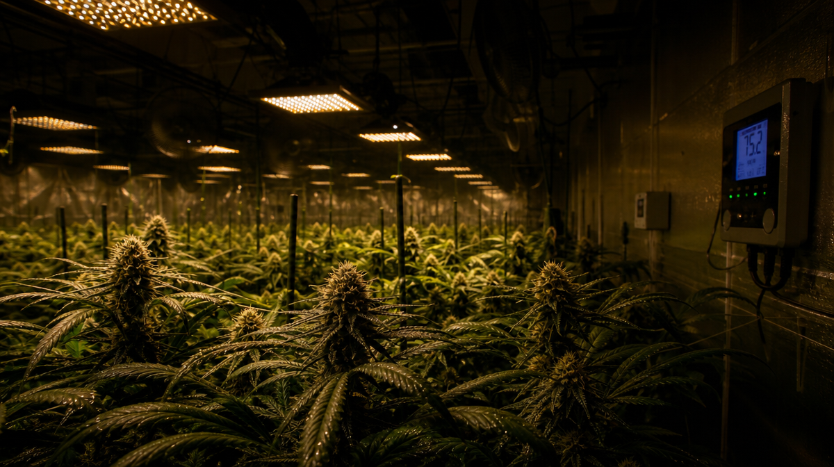 Commercial indoor cannabis grow room showing temperature monitoring equipment and LED grow lights with visible heat haze representing temperature fluctuations