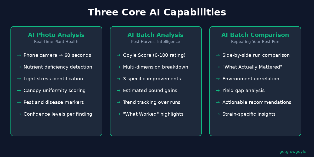 Growgoyle three core AI capabilities - Photo Analysis for real-time plant health, Batch Analysis for post-harvest improvement, and Batch Comparison for repeating success